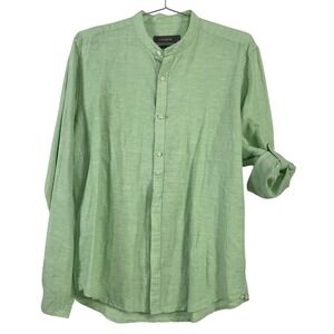 Easy Wear‎ Shirt Womens 4 Green Linen Blend Band Collar Long Sleeve Lightweight